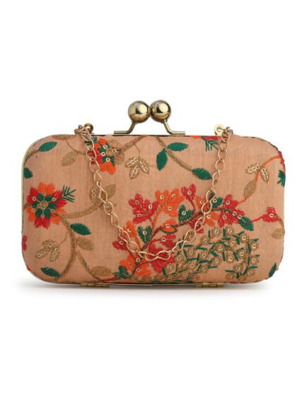Peach & Green Embroidered Box Clutches For Girls and womens