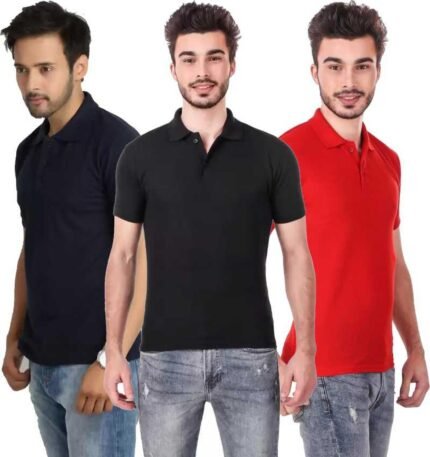Men's Polo Neck Short Sleeve Casual Tshirt Combo of Dark Blue, Red, Black colors (Pack of 3)